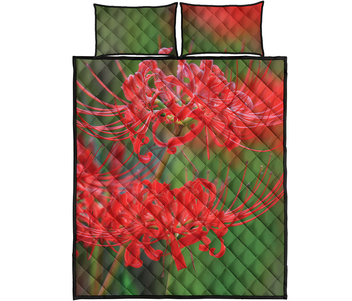 Red Japanese Amaryllis Print Quilt Bed Set