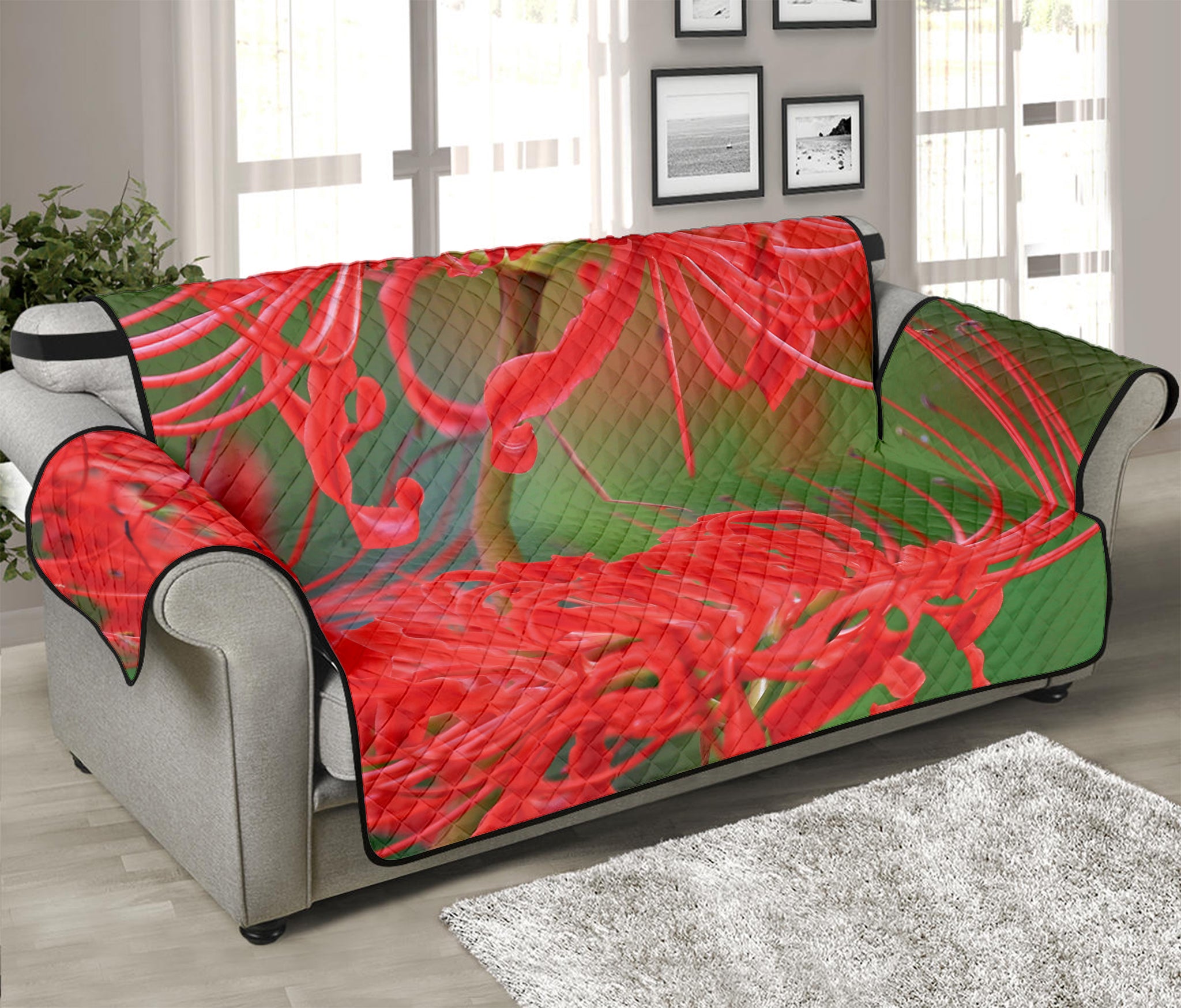 Red Japanese Amaryllis Print Sofa Protector