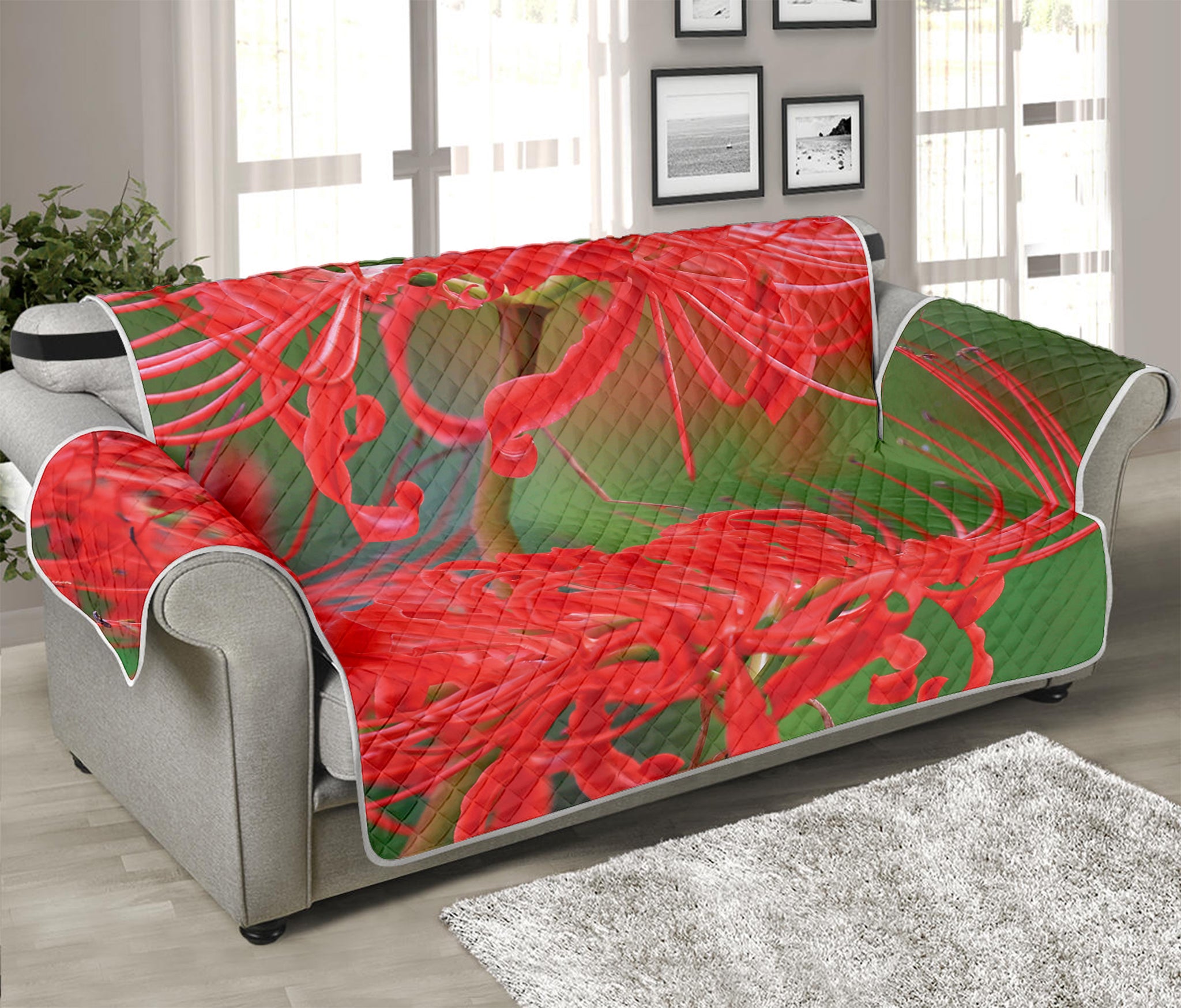 Red Japanese Amaryllis Print Sofa Protector