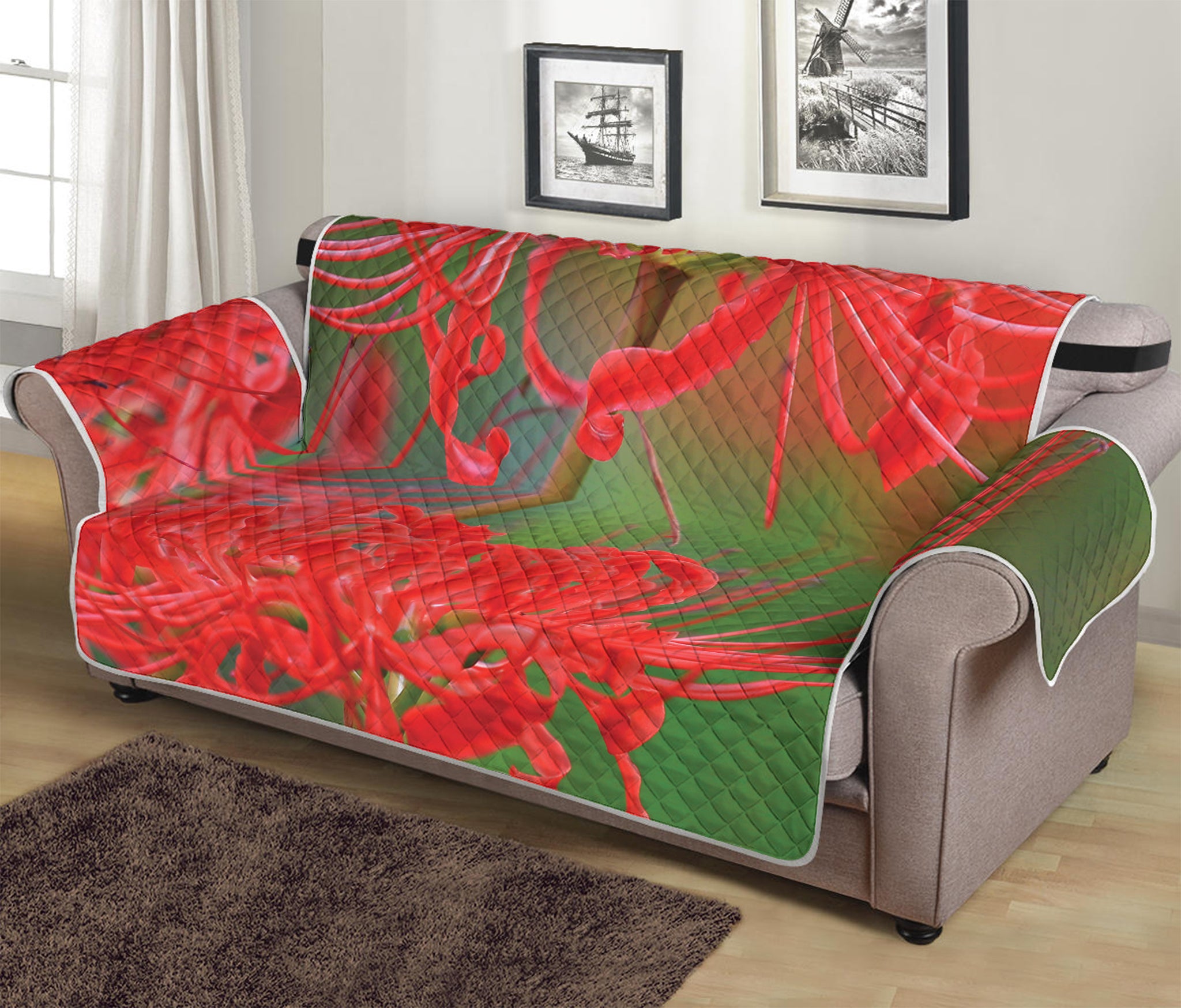 Red Japanese Amaryllis Print Sofa Protector