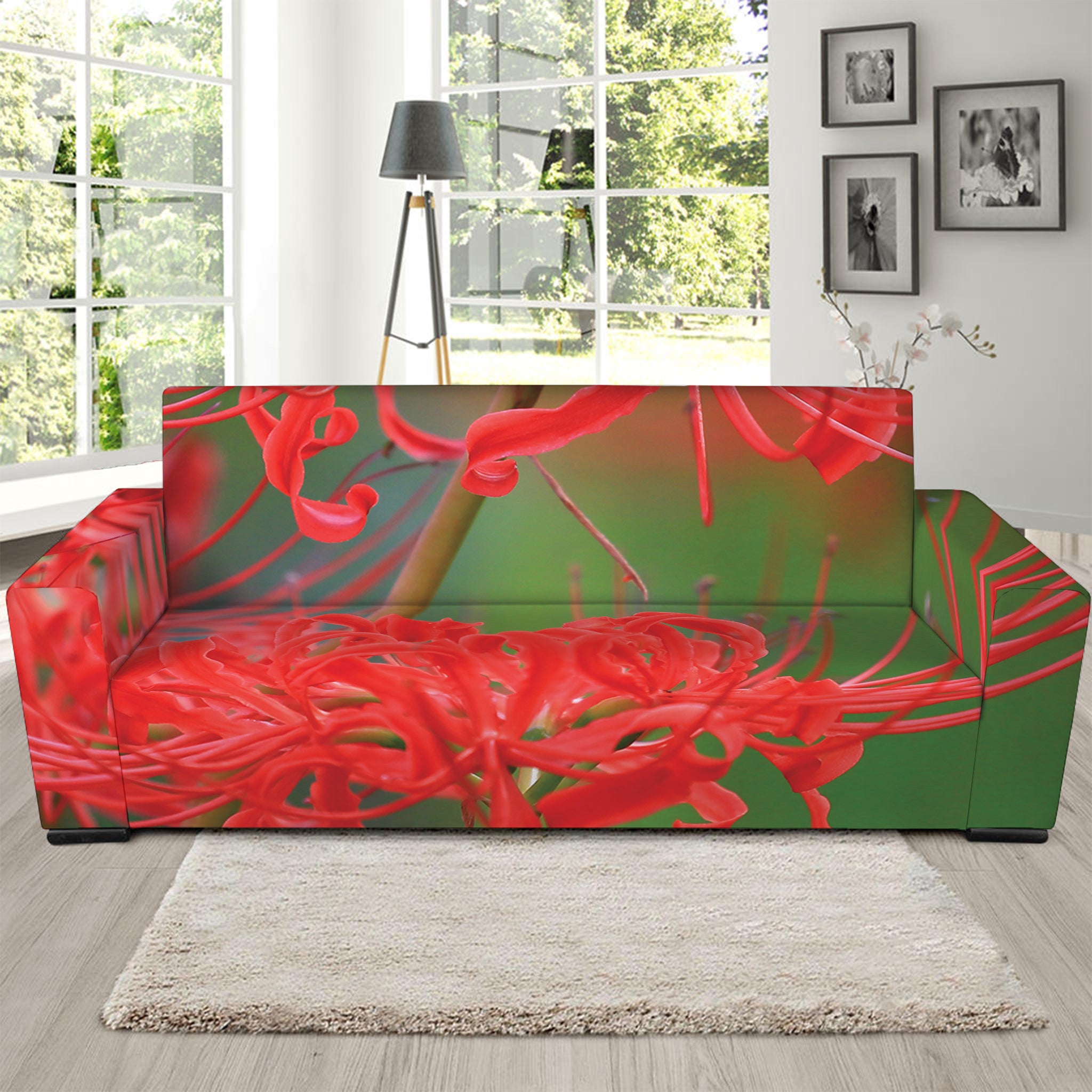 Red Japanese Amaryllis Print Sofa Slipcover