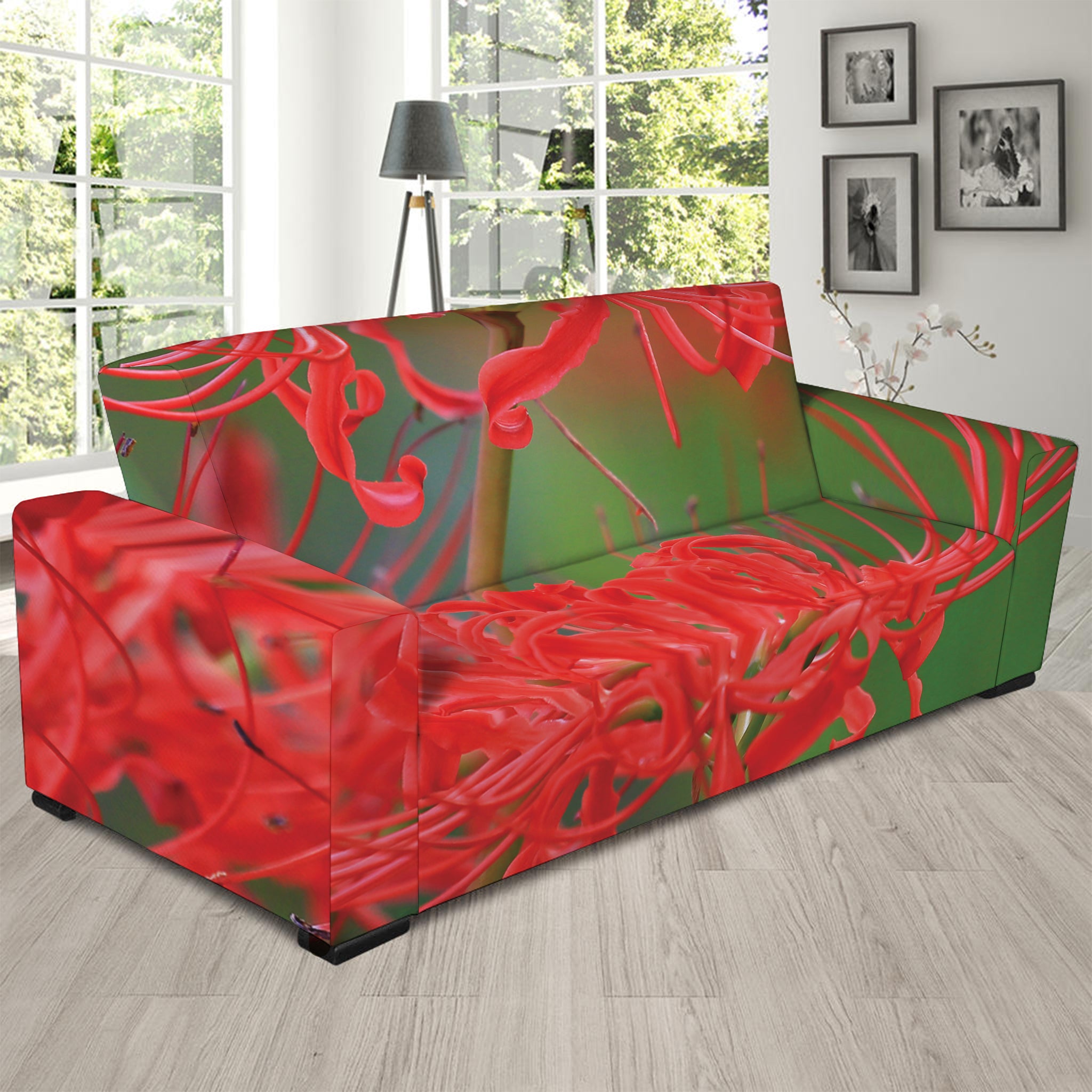 Red Japanese Amaryllis Print Sofa Slipcover