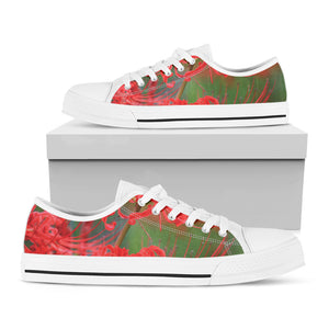 Red Japanese Amaryllis Print White Low Top Shoes