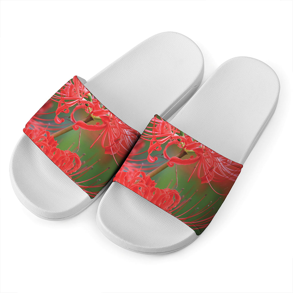 Red Japanese Amaryllis Print White Slide Sandals