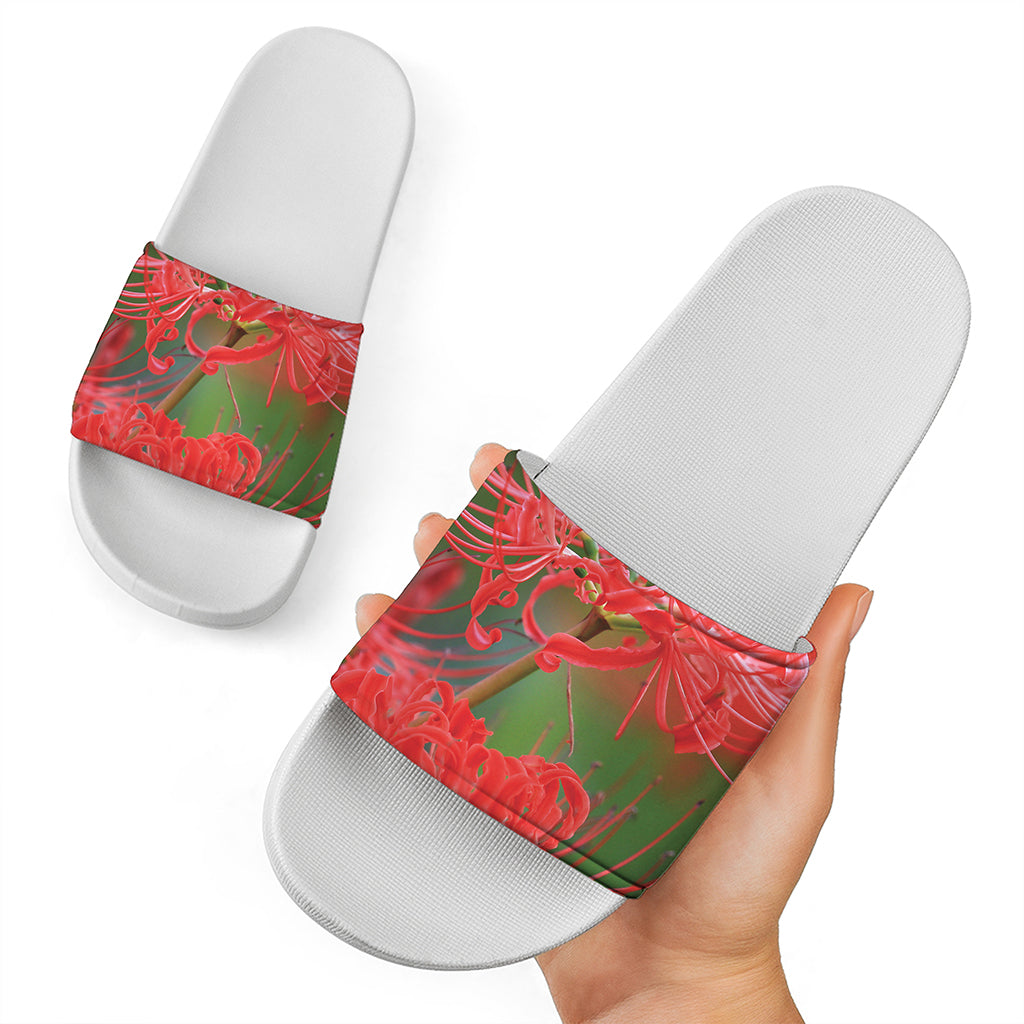 Red Japanese Amaryllis Print White Slide Sandals