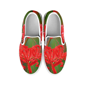 Red Japanese Amaryllis Print White Slip On Shoes