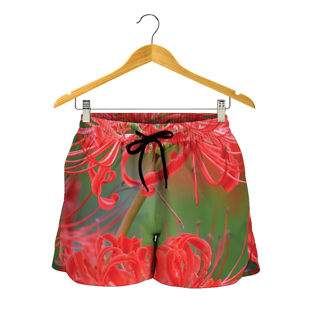 Red Japanese Amaryllis Print Women's Shorts