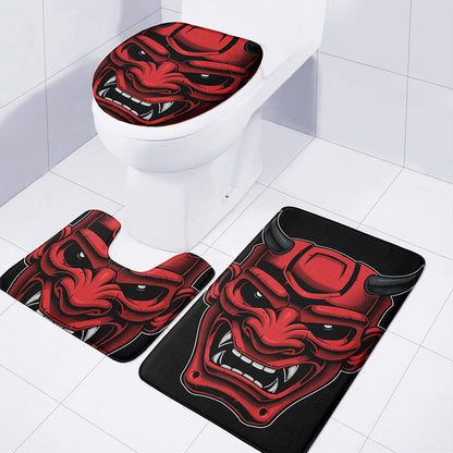 Red Japanese Demon Mask Print 3 Piece Bath Mat Set