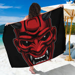 Red Japanese Demon Mask Print Beach Sarong Wrap