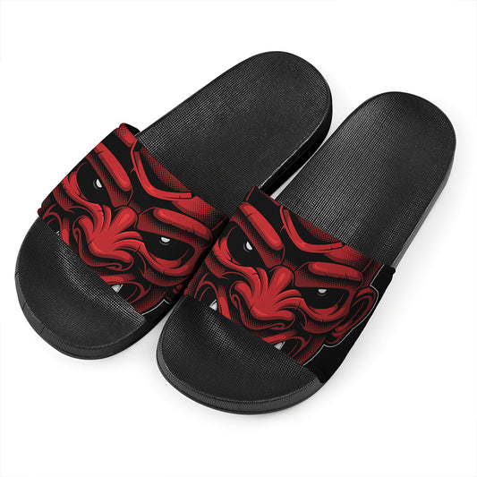 Red Japanese Demon Mask Print Black Slide Sandals