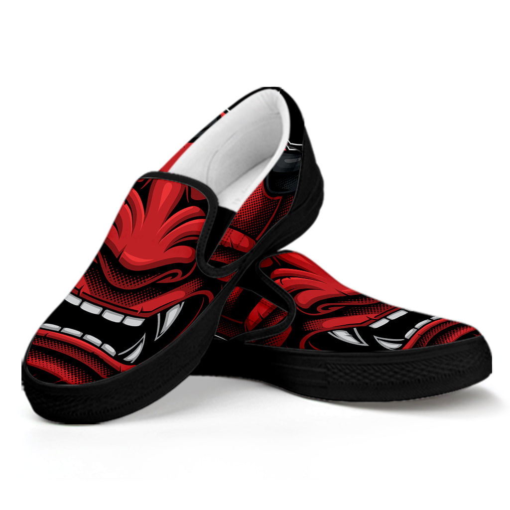 Red Japanese Demon Mask Print Black Slip On Shoes