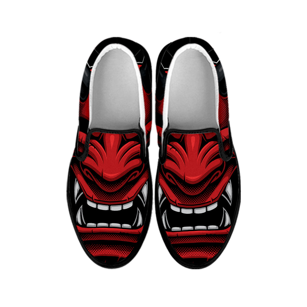 Red Japanese Demon Mask Print Black Slip On Shoes
