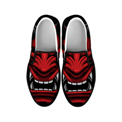 Red Japanese Demon Mask Print Black Slip On Shoes
