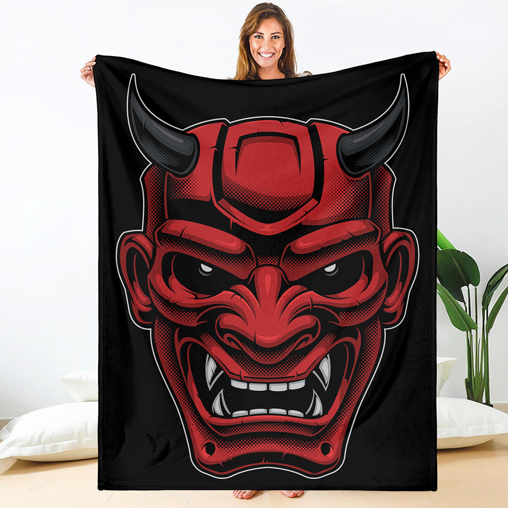 Red Japanese Demon Mask Print Blanket