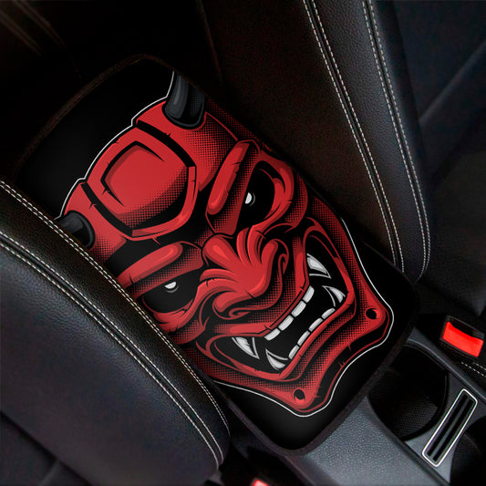 Red Japanese Demon Mask Print Car Center Console Cover