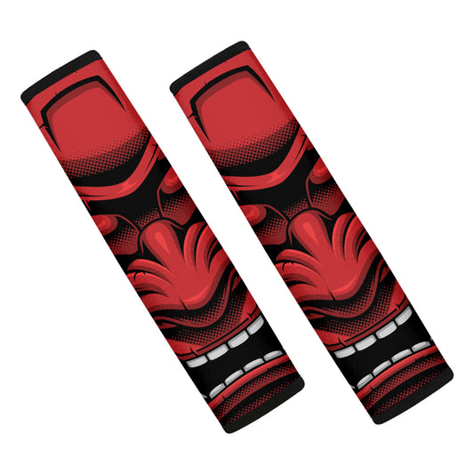 Red Japanese Demon Mask Print Car Seat Belt Covers