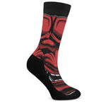 Red Japanese Demon Mask Print Crew Socks