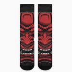 Red Japanese Demon Mask Print Crew Socks