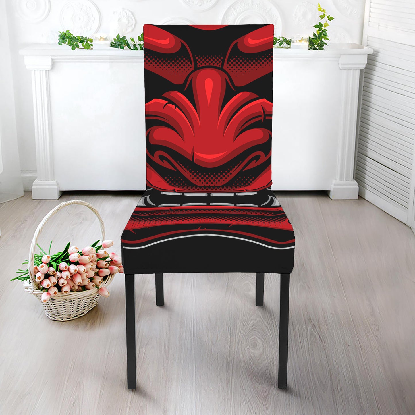 Red Japanese Demon Mask Print Dining Chair Slipcover