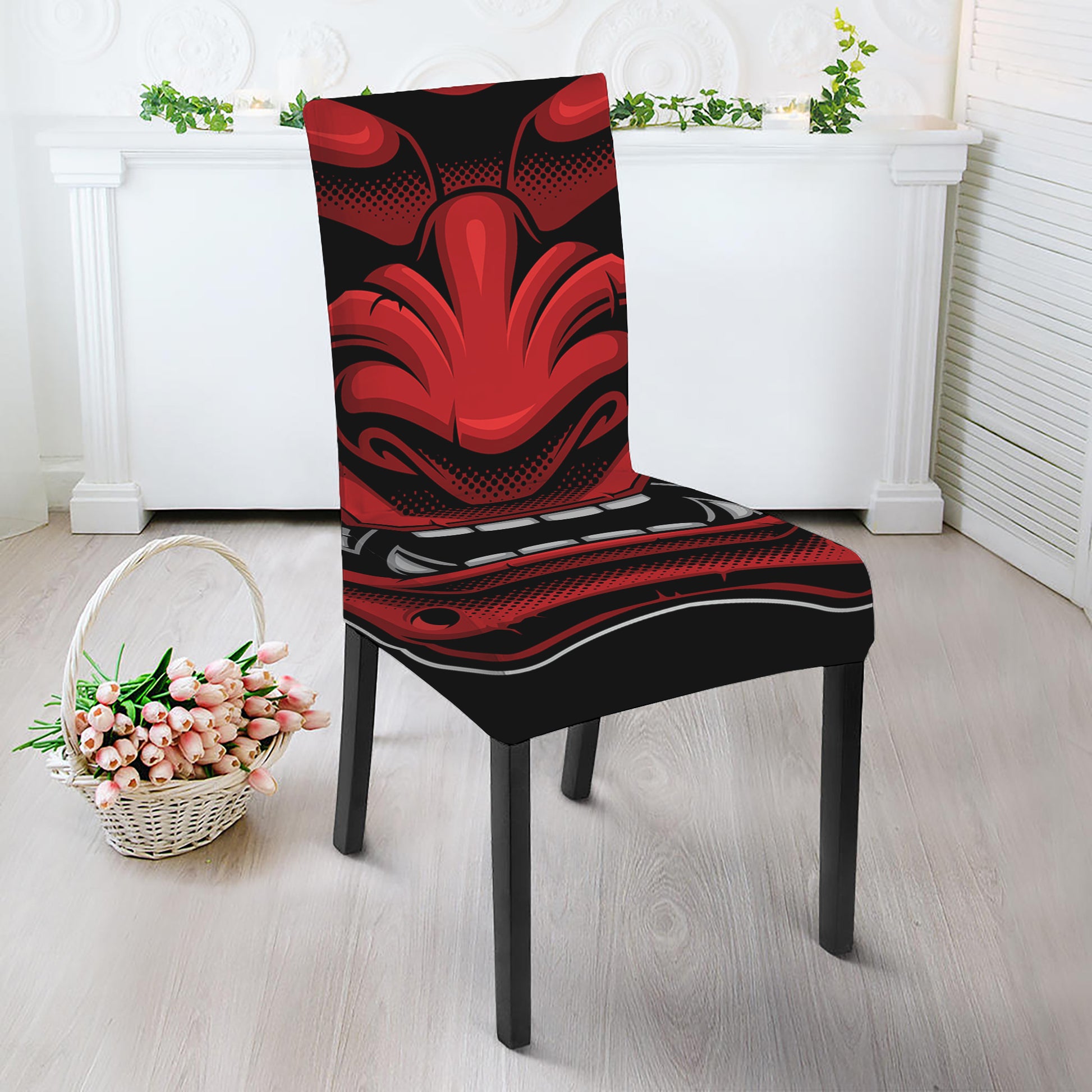 Red Japanese Demon Mask Print Dining Chair Slipcover