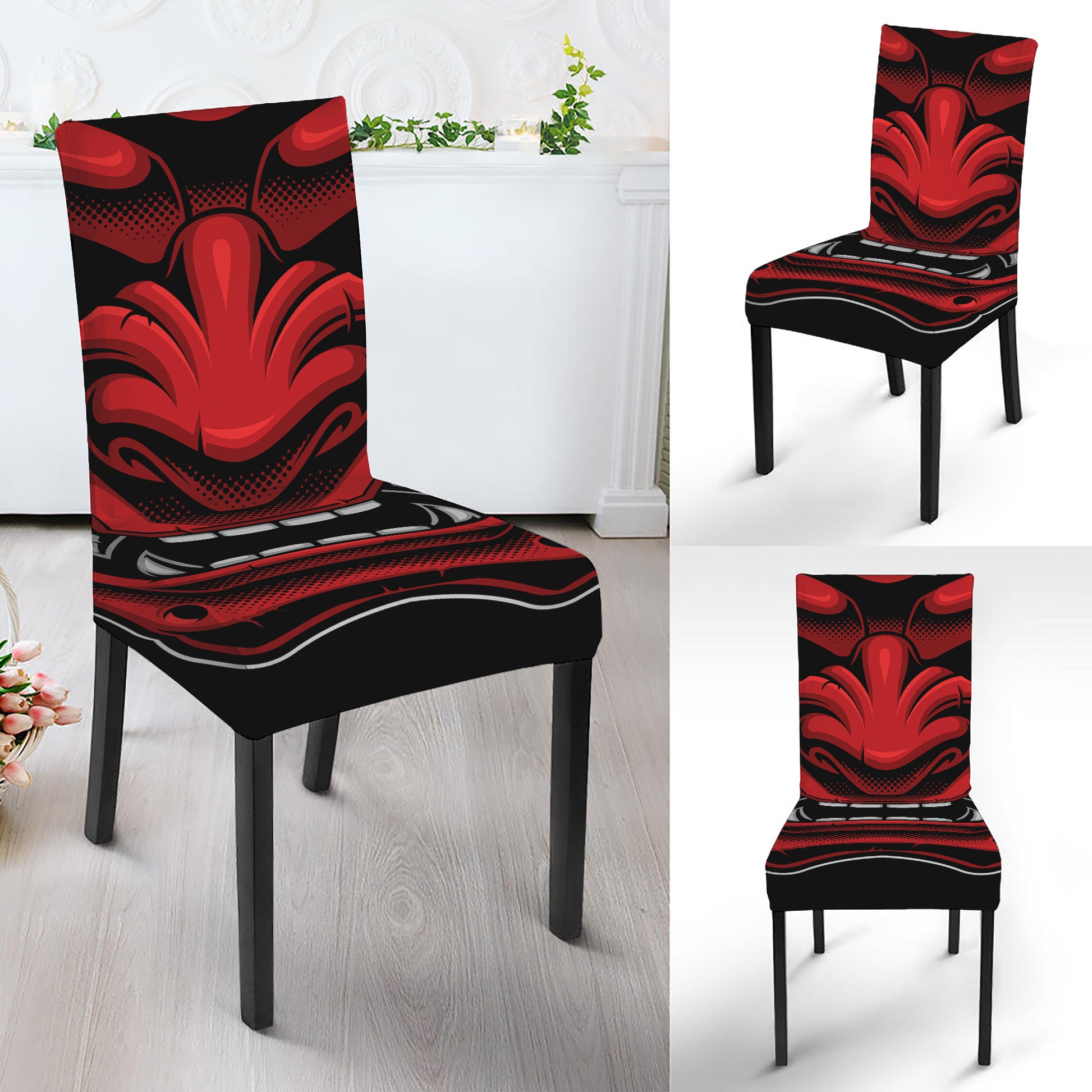 Red Japanese Demon Mask Print Dining Chair Slipcover