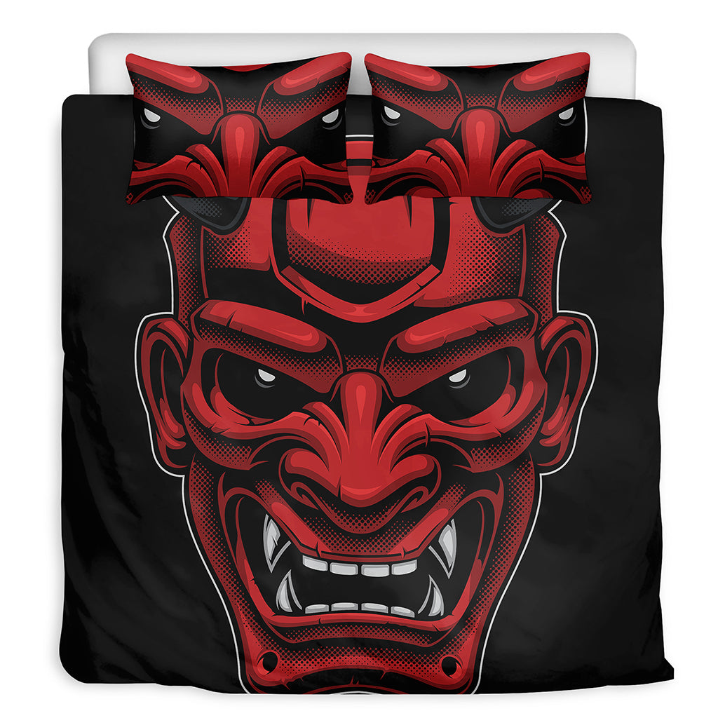 Red Japanese Demon Mask Print Duvet Cover Bedding Set