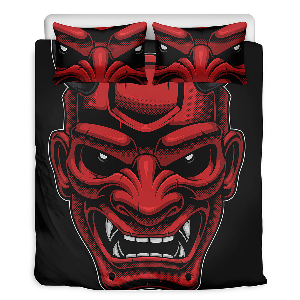 Red Japanese Demon Mask Print Duvet Cover Bedding Set