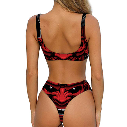 Red Japanese Demon Mask Print Front Bow Tie Bikini