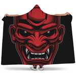 Red Japanese Demon Mask Print Hooded Blanket