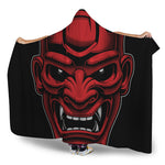 Red Japanese Demon Mask Print Hooded Blanket
