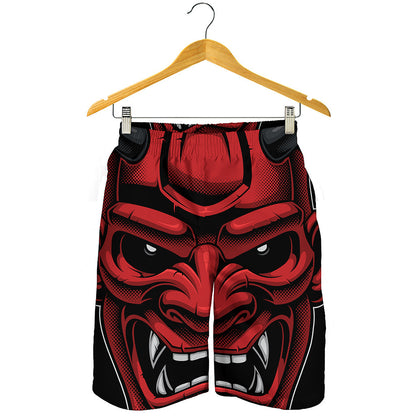 Red Japanese Demon Mask Print Men's Shorts