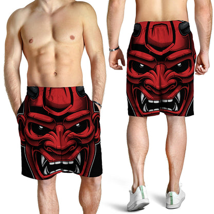 Red Japanese Demon Mask Print Men's Shorts