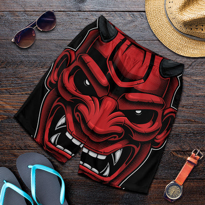 Red Japanese Demon Mask Print Men's Shorts