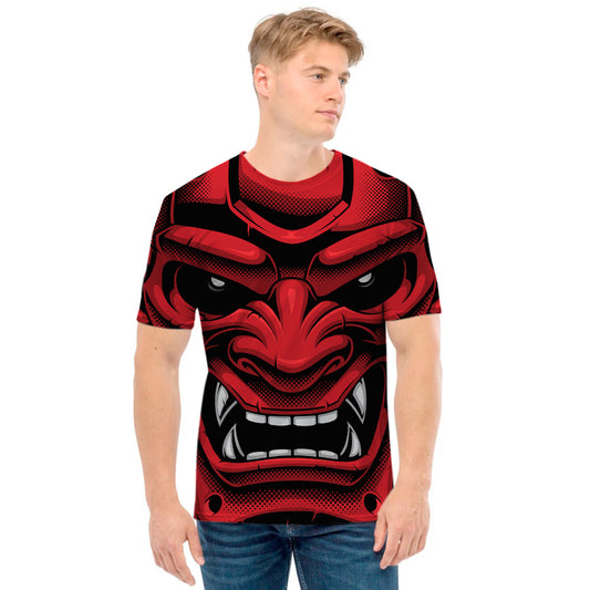Red Japanese Demon Mask Print Men's T-Shirt