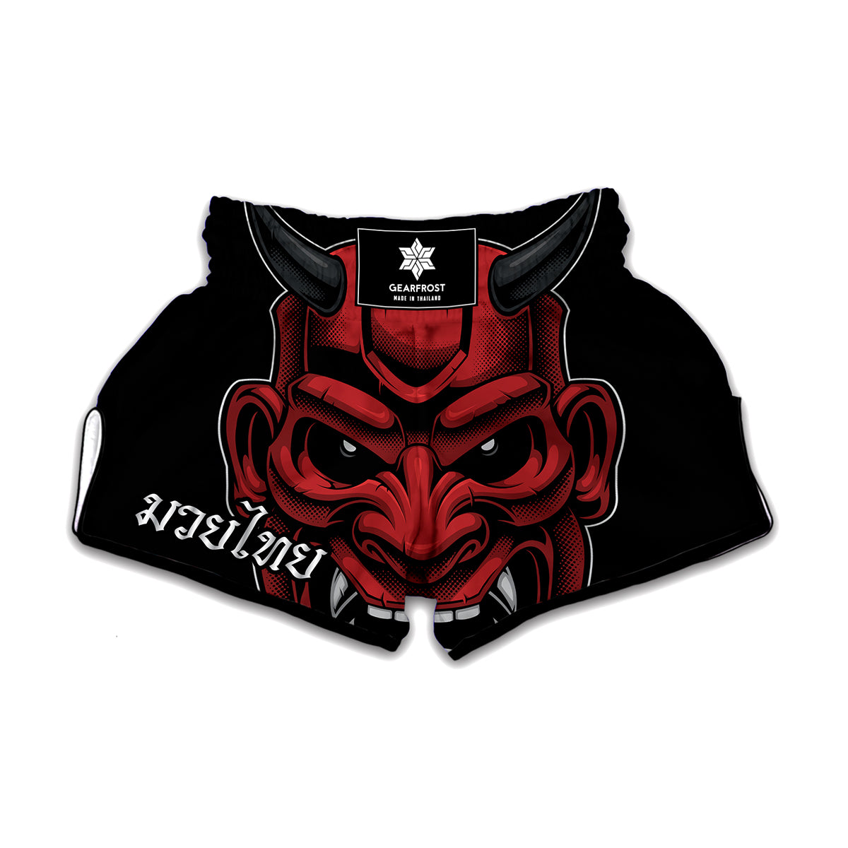 Red Japanese Demon Mask Print Muay Thai Boxing Shorts