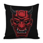 Red Japanese Demon Mask Print Pillow Cover