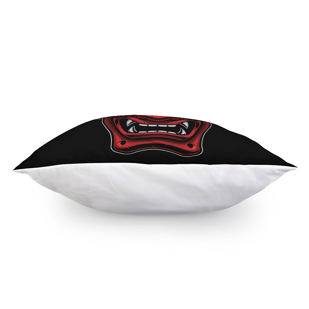 Red Japanese Demon Mask Print Pillow Cover
