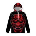 Red Japanese Demon Mask Print Pullover Hoodie