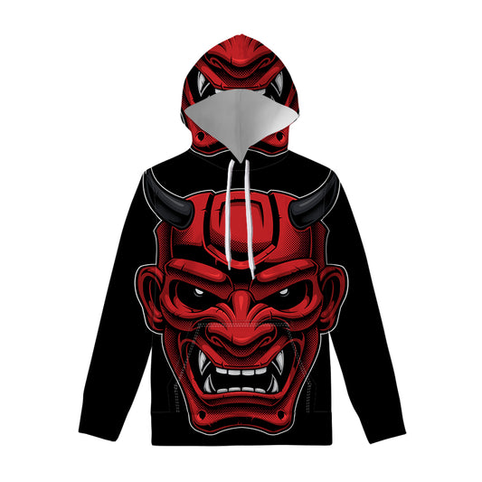Red Japanese Demon Mask Print Pullover Hoodie
