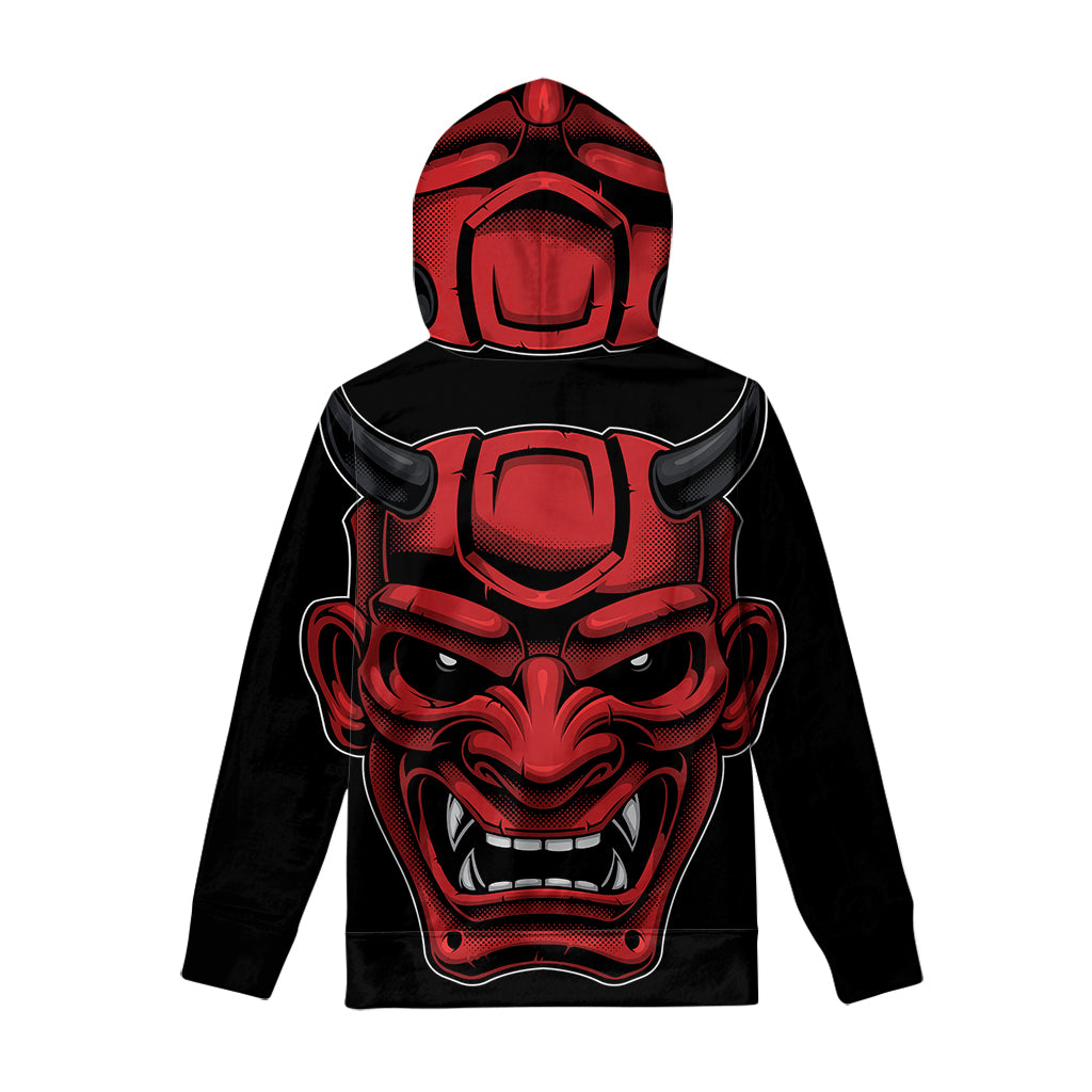 Red Japanese Demon Mask Print Pullover Hoodie