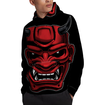 Red Japanese Demon Mask Print Pullover Hoodie