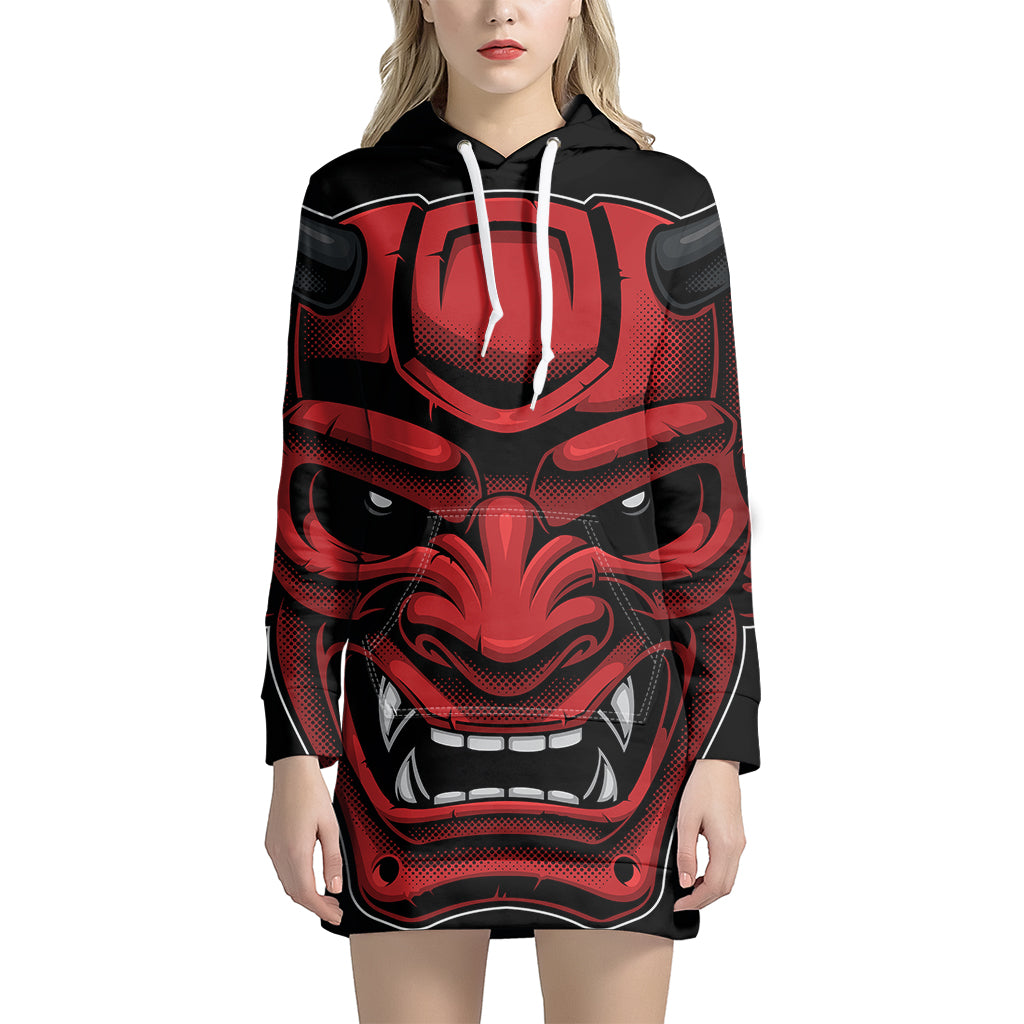 Red Japanese Demon Mask Print Pullover Hoodie Dress