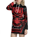 Red Japanese Demon Mask Print Pullover Hoodie Dress