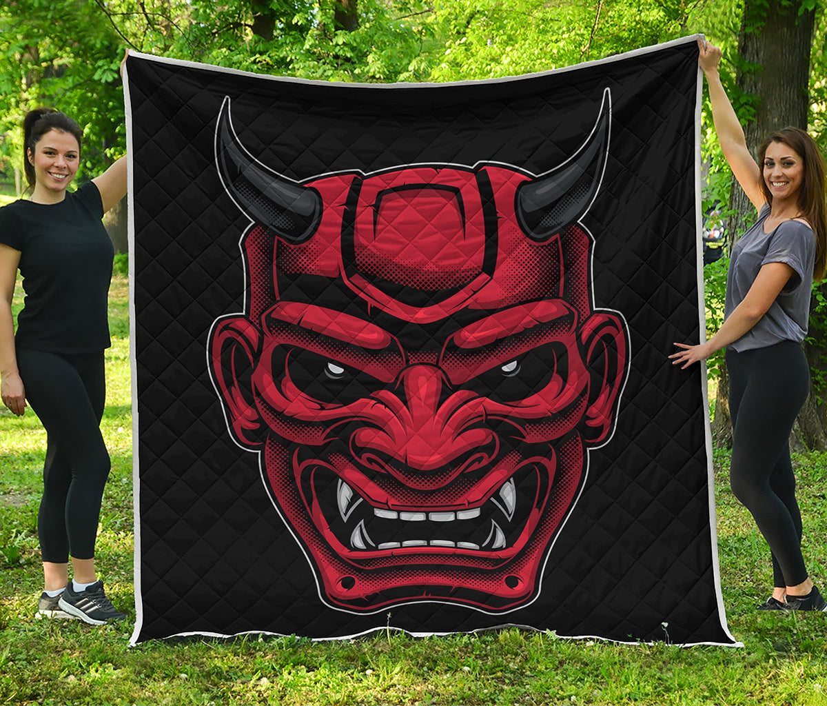 Red Japanese Demon Mask Print Quilt