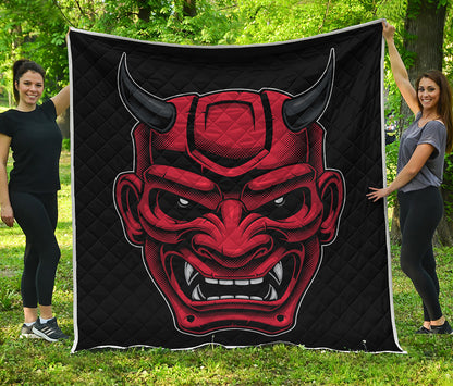 Red Japanese Demon Mask Print Quilt