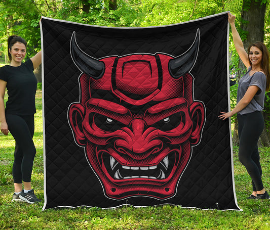 Red Japanese Demon Mask Print Quilt