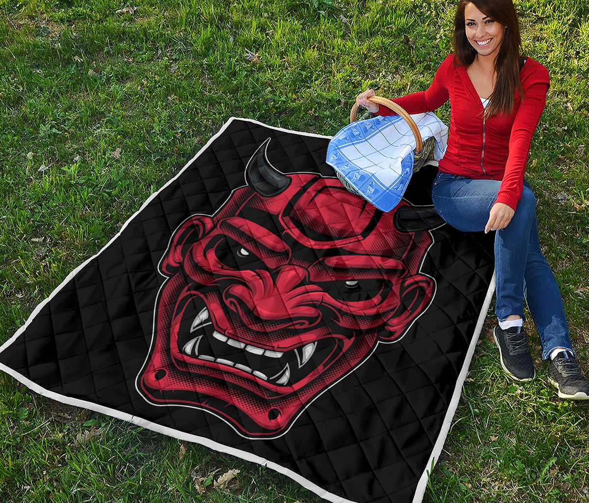 Red Japanese Demon Mask Print Quilt