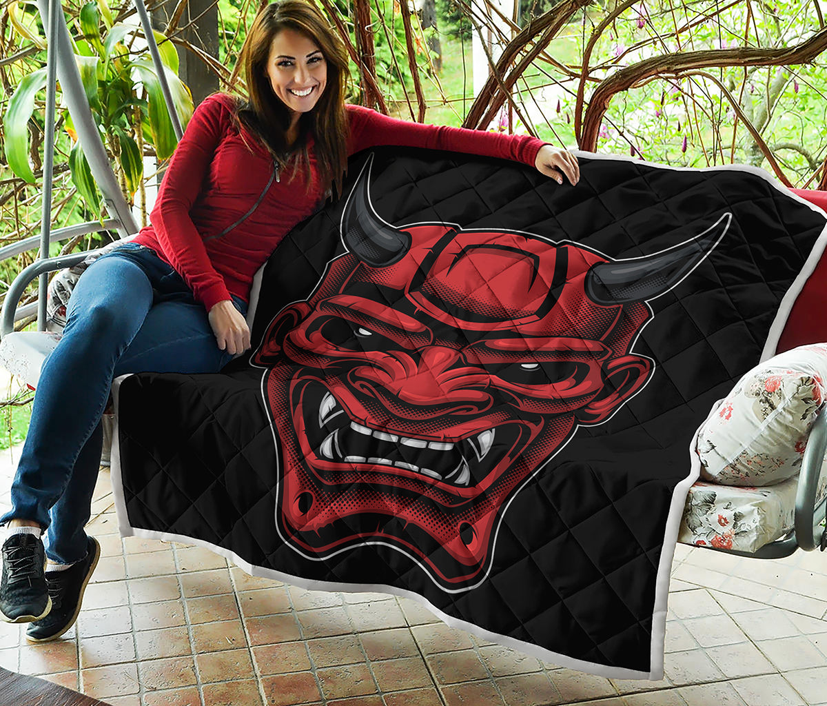 Red Japanese Demon Mask Print Quilt