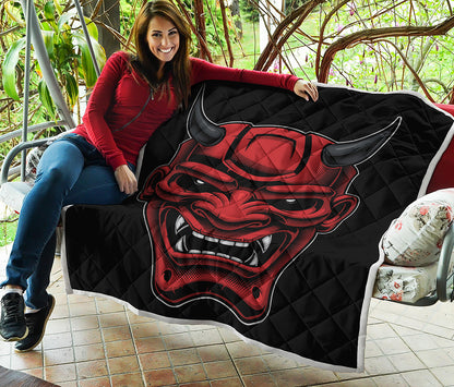 Red Japanese Demon Mask Print Quilt