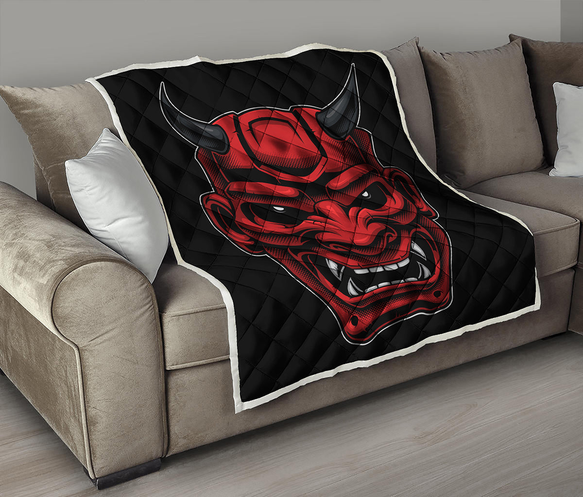 Red Japanese Demon Mask Print Quilt